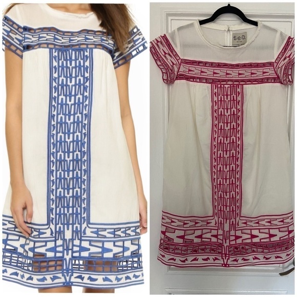 NWT Sea New York Embroidered Pink White Babydoll Shift Cap Sleeve Dress Small 4 - Picture 1 of 16